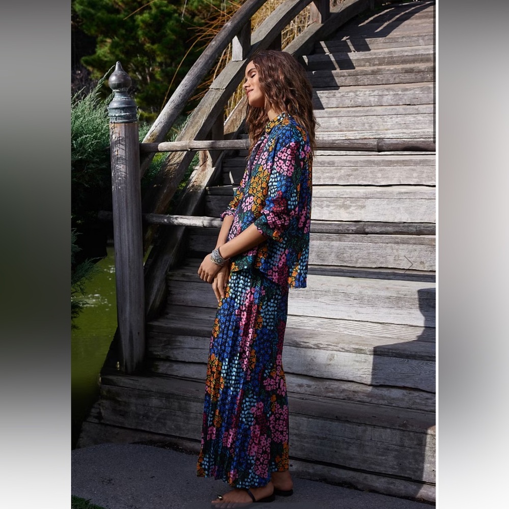 JOHNNY WAS Astrid Pleated Pant and Shirt set Size‎ Extra Large Floral Wide Leg